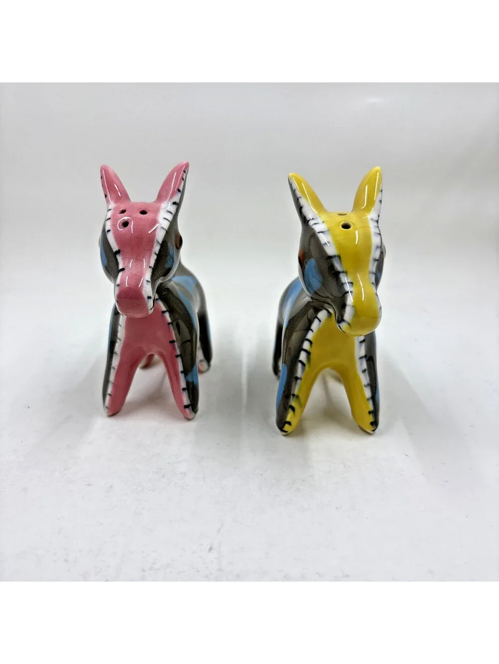 Vintage Napco Donkey Mule Salt Pepper Shakers Pink Yellow Quilted